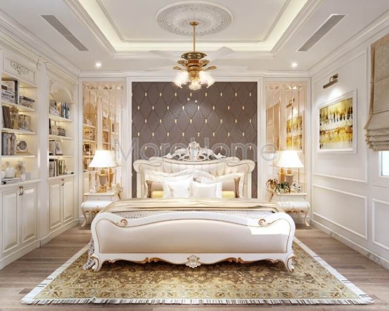 Thiết kế gường ngủ đẹp cho phòng ngủ bố mẹ bọc da toàn bộ đầy ấn tượng, các họa tiết chạm trổ độc đáo, tạo sự sang trọng và đẳng cấp 